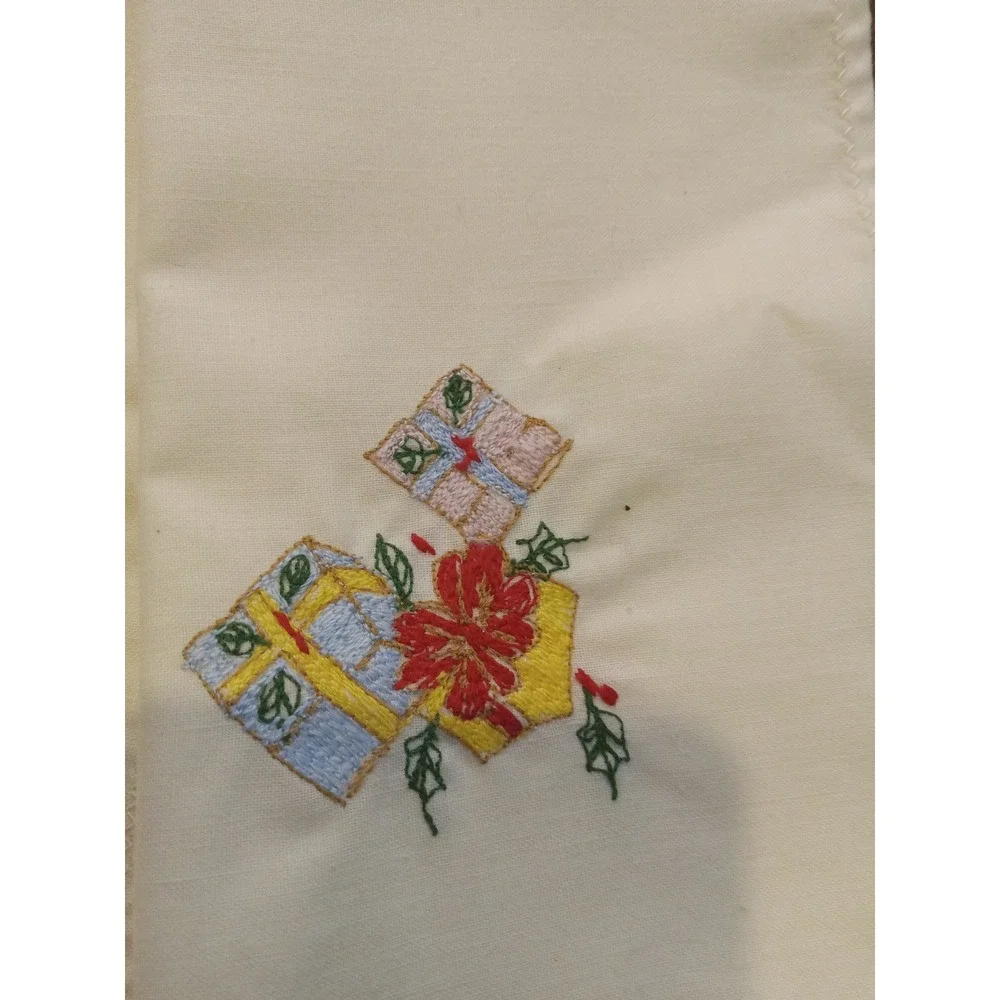 Vintage Christmas Cloth Napkins Set of 7Hand Embroidered Presents Cream Holiday